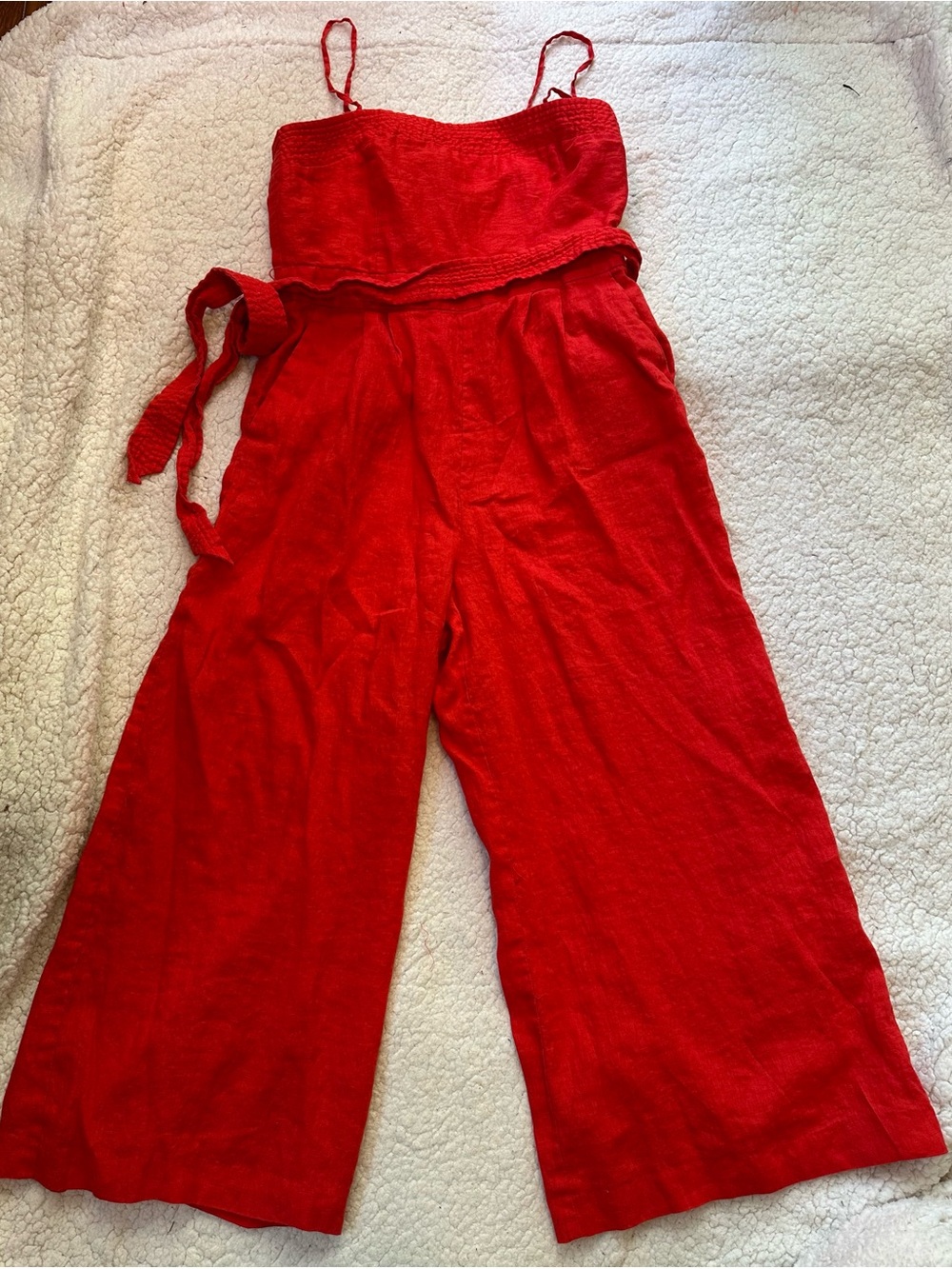 J Crew Linen Wide Leg Red Spaghetti Strap Jumpsuit Belted Pockets Lined Size 6